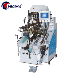 TH-747MA Automatic Cementing Toe Lasting Machine with 9 Pincers and Computer Memory Control for Precise Adhesive Application and Toe Shaping in Shoe Manufacturing.