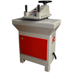 Small Clicker Press Models TW-510A/B/C with Compact Steel Frames and Bright Orange Swing-Arm Cutting Heads. Each Machine Features a Rectangular Worktable, Dual-Hand safety Controls, and is Designed for Manual Die Cutting of Leather, Fabric, and Similar Materials.