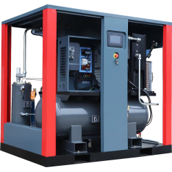 Industrial Screw Air Compressor Featuring a Compact, Enclosed Design with Digital Control Panel, Pressure Gauge, and Ventilation Grilles. Designed for Continuous Compressed Air Delivery in Manufacturing, Automotive, and Workshop Environments