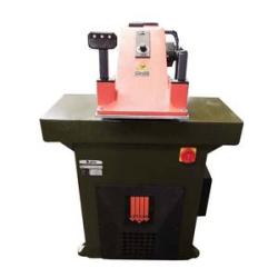 Hydraulic Clicker Press TW-9.4 Featuring Abright Orange Swing-Arm Cutting Head on An Olive-GreenSteel Frame, with Dual-Hand Safety Controls and An Enclosed Hydraulic Pump System, Designed for Precise Die Cutting of Leather, Rubber, and Fabric