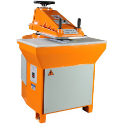 Hydraulic Swing Arm Cutting Machine TW-528 Featuring a Bright Orange Pivoting Cutting Arm Mounted on a Robust Olive-Green Steel Grame with a Rectangular Worktable. Equipped with Dual-Hand Safety Controls and An Enclosed Hydraulic Pump System in the Base, Designed for Precise Die Cutting of Leather, Rubber,Rabric, and Similar Flexible Materials