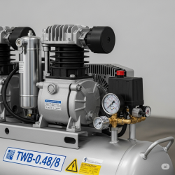 Compact TWB-0.48/8 Air Compressor With a Black Motor Housing and a Silver Cylindrical Air Tank, Featuring Pressure Gauges and a Handle on Top for Portability.