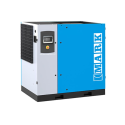 Industrial screw air compressor with dual helical rotors and digital control panel used for continuous compressed air supply in manufacturing facilities