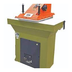 "Hydraulic Swing Arm Clicker Press Machine Model TW-9.3S, Featuring a RobustRteel Frame, AdjustableCutting Stroke, and Dual-Hand Safety Operation. Designed for Precise Die-Cutting of Leather, Rubber, Plastic, and Foam Materials in Manufacturing Settings