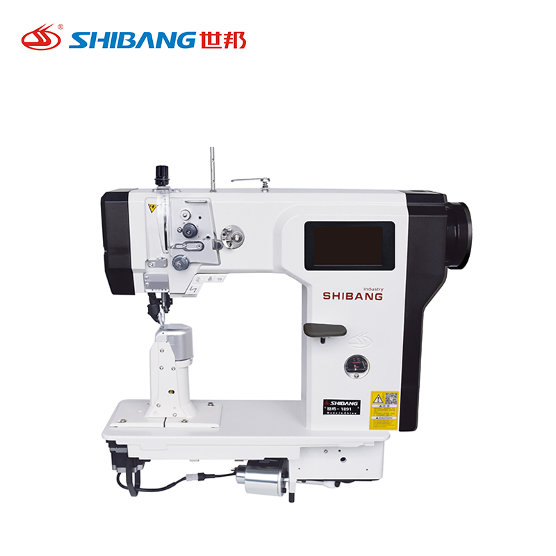 SB-1892 Automatic Post Bed Double Needle Machine designed for precise dual-line stitching on curved and 3D materials like shoe uppers, bags, and leather goods, featuring a vertical post bed and automated functions.