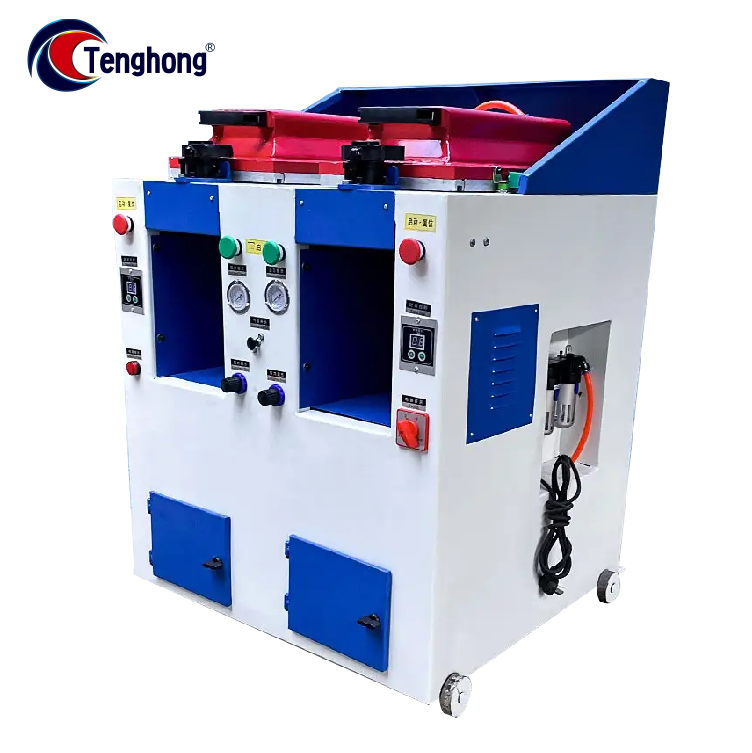 TH-587-1 double station cover type automatic sole pressing machine featuring dual workstations and enclosed design for efficient and consistent sole bonding. TH-587-1 double station cover type automatic sole pressing machine featuring dual workstations and enclosed design for efficient and consistent sole bonding.