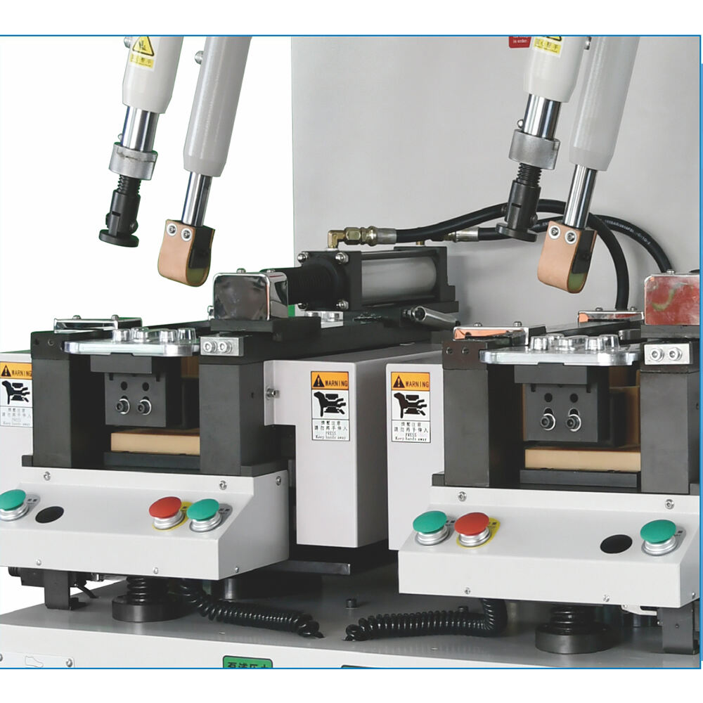 TH-710E double station heavy-duty walled sole attaching machine with 16 side pressure rubber pads for uniform and efficient shoe sole bonding. TH-710E double station heavy-duty walled sole attaching machine with 16 side pressure rubber pads for uniform and efficient shoe sole bonding.