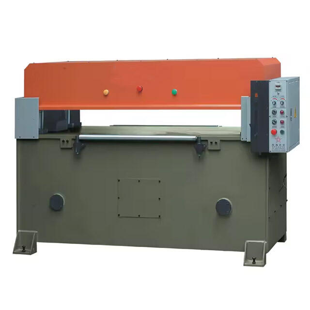 Tenghong TH-109 Four Column Hydraulic Vertical-type Leather Measuring Cutting Machine designed for precise cutting of plastic EVA and leather materials in shoe manufacturing. Tenghong TH-109 Four Column Hydraulic Vertical-type Leather Measuring Cutting Machine designed for precise cutting of plastic EVA and leather materials in shoe manufacturing.