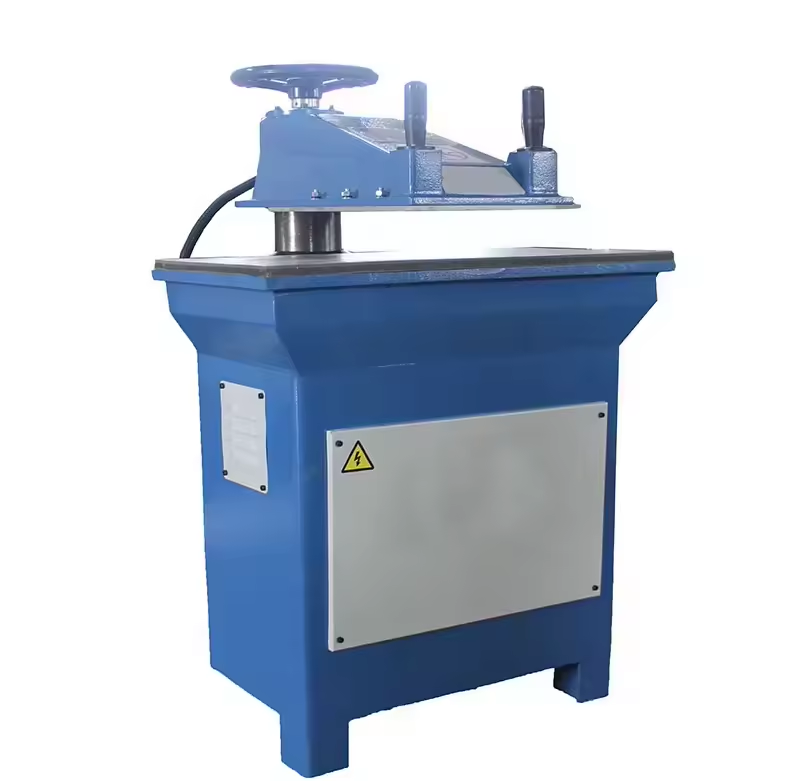 Hydraulic Swing Arm Clicking Press Die Cutting Machine designed for precise cutting of leather and similar materials using a hydraulic-powered swing arm mechanism. Hydraulic Swing Arm Clicking Press Die Cutting Machine designed for precise cutting of leather and similar materials using a hydraulic-powered swing arm mechanism.