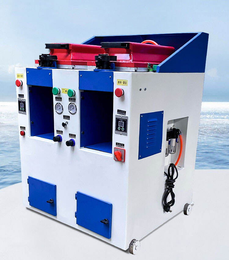 TH-587-1 double station cover type automatic sole pressing machine featuring dual workstations and enclosed design for efficient and consistent sole bonding. TH-587-1 double station cover type automatic sole pressing machine featuring dual workstations and enclosed design for efficient and consistent sole bonding.