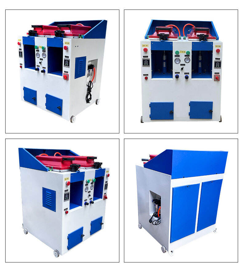 TH-587-1 double station cover type automatic sole pressing machine featuring dual workstations and enclosed design for efficient and consistent sole bonding. TH-587-1 double station cover type automatic sole pressing machine featuring dual workstations and enclosed design for efficient and consistent sole bonding.