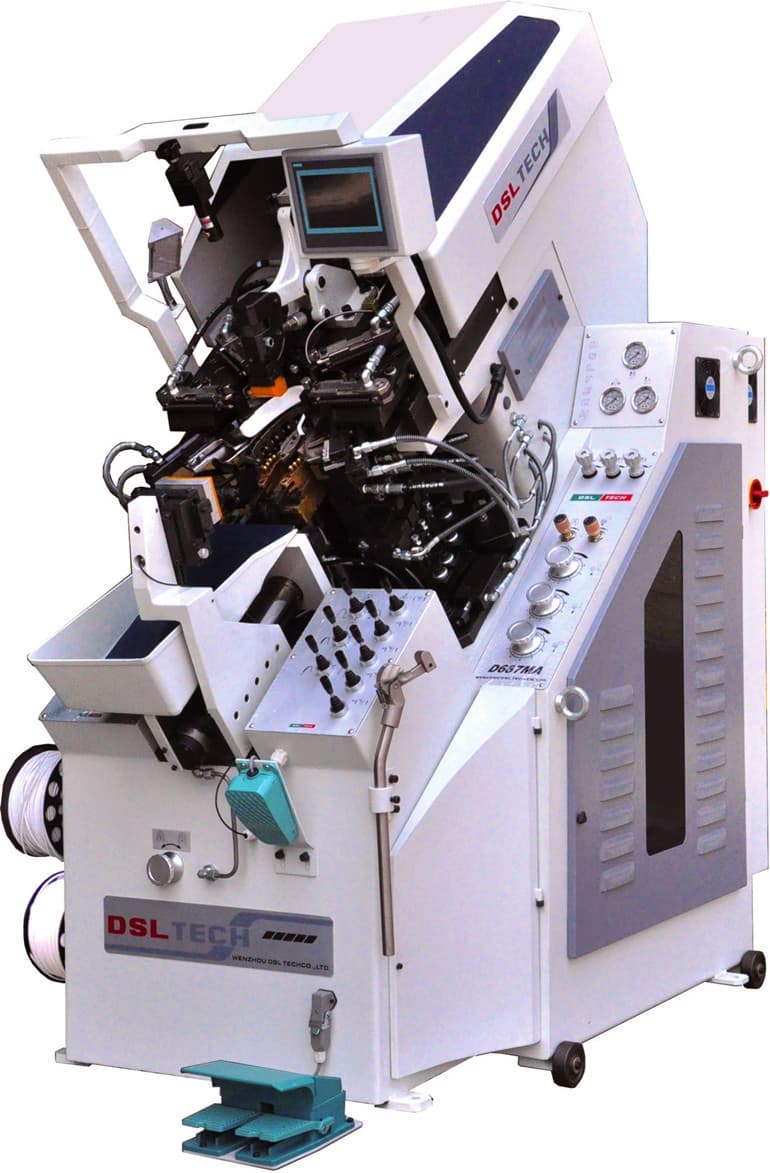 TW-687MB computerized full automatic cementing toe lasting machine featuring robotic arms, hydraulic pressing system, touchscreen control panel, and robust frame, designed for efficient toe lasting in shoe production. TW-687MB computerized full automatic cementing toe lasting machine featuring robotic arms, hydraulic pressing system, touchscreen control panel, and robust frame, designed for efficient toe lasting in shoe production.