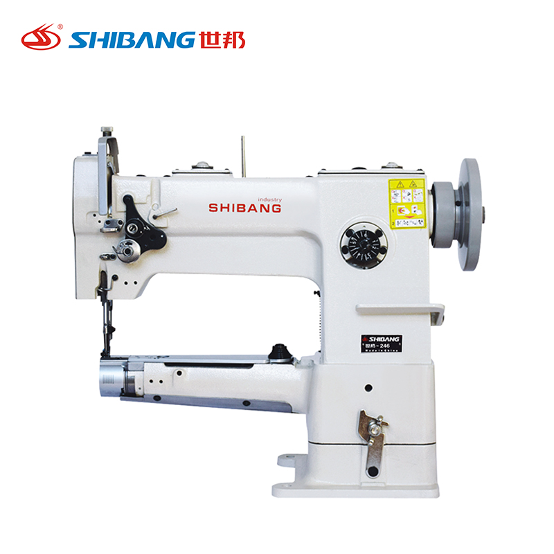 Shibang-246 cylinder-type compound feed sewing machine with a narrow arm design, ideal for curved and tubular materials, used in leather goods and upholstery stitching. Shibang-246 cylinder-type compound feed sewing machine with a narrow arm design, ideal for curved and tubular materials, used in leather goods and upholstery stitching.