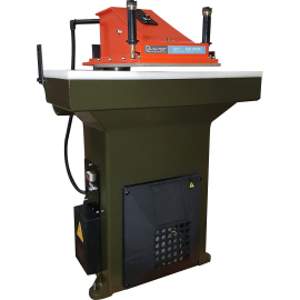 TW-20C swing arm cutting press machine with bright orange pivoting arm on a durable steel frame, equipped with a flat rectangular worktable and dual-hand safety controls, designed for precise manual die cutting of leather, rubber, and fabric.