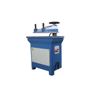 Hydraulic Clicking Swing-Arm Cutting Press Model TW-922(1+1) with a Bright Orange Pivoting Arm Mounted on a Sturdy Olive-Green Steel Frame. Features a Spacious RectangularWorktable, Dual-Hand Safety Controls on the Arm, and an Integrated Hydraulic Pump Housed in the Base, Designed for Precision Die cutting of Leather, Rubber, Fabric, and Similar Materials