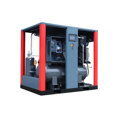 Industrial Screw Air Compressor Featuring a Compact, Enclosed Design with Digital Control Panel, Pressure Gauge, and Ventilation Grilles. Designed for Continuous Compressed Air Delivery in Manufacturing, Automotive, and Workshop Environments