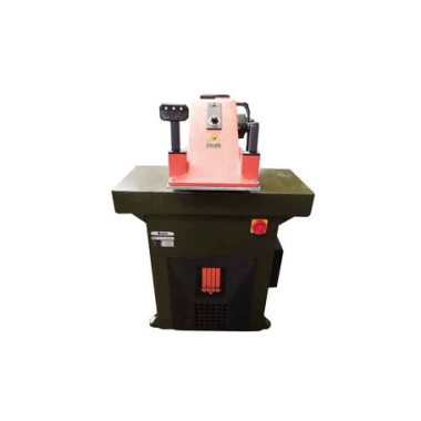 Hydraulic Clicker Press TW-9.4 Featuring Abright Orange Swing-Arm Cutting Head on An Olive-GreenSteel Frame, with Dual-Hand Safety Controls and An Enclosed Hydraulic Pump System, Designed for Precise Die Cutting of Leather, Rubber, and Fabric