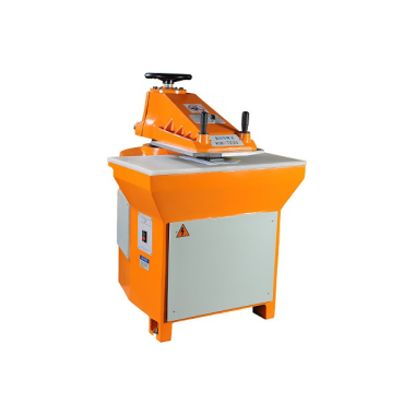 Hydraulic Swing Arm Cutting Machine TW-528 Featuring a Bright Orange Pivoting Cutting Arm Mounted on a Robust Olive-Green Steel Grame with a Rectangular Worktable. Equipped with Dual-Hand Safety Controls and An Enclosed Hydraulic Pump System in the Base, Designed for Precise Die Cutting of Leather, Rubber,Rabric, and Similar Flexible Materials