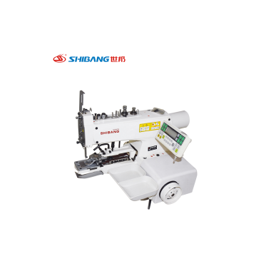 Shibang-1377NS Computer Button Machine Featuring a Digital control Panel, Automated Button Feeding System, and Servo-Driven Stitching Mechanism for High-Speed Garment Finishing.