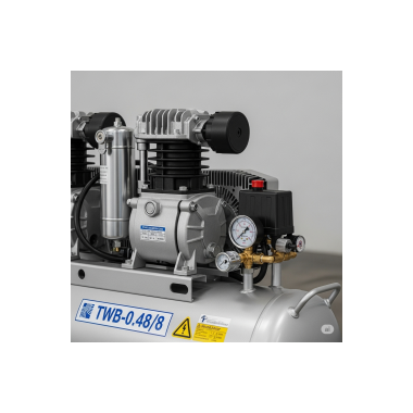 Compact TWB-0.48/8 Air Compressor With a Black Motor Housing and a Silver Cylindrical Air Tank, Featuring Pressure Gauges and a Handle on Top for Portability.