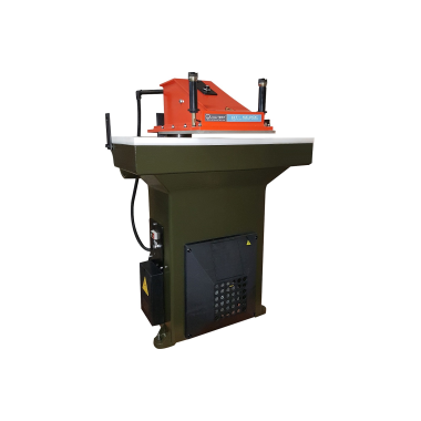 Hydraulic Swing‑Arm Die Clicker Press (model TW‑9.6) with a Rugged Steel Bench Stand, Featuring a Bright Orange Swinging Head and a 1200 × 500 mm Lower Worktable. The Machine Includes Dual‑Hand Safety Controls on the Arm, An Electric Motor (~0.75 kW/1 HP), and Delivers Up to 22 tons (≈216 kN) of Cutting Force with a 90 mm Stroke. The Compact Hydraulic Pump and Valve System are Integrated inside the Base, Showcasing a Professional-Grade Industrial Clicker Press Designed for Die‑Cutting Leather, Rubber, Plastic, andTextiles.