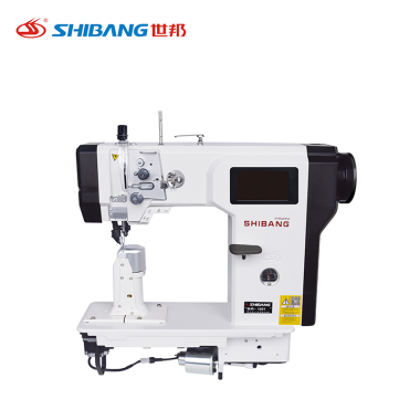 SB-1892 Automatic Post Bed Double Needle Machine designed for precise dual-line stitching on curved and 3D materials like shoe uppers, bags, and leather goods, featuring a vertical post bed and automated functions.
